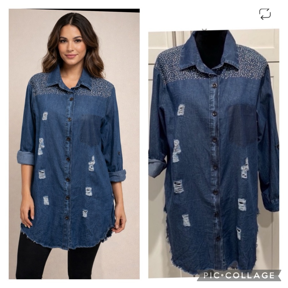 Studded Denim Button-Up Shirt